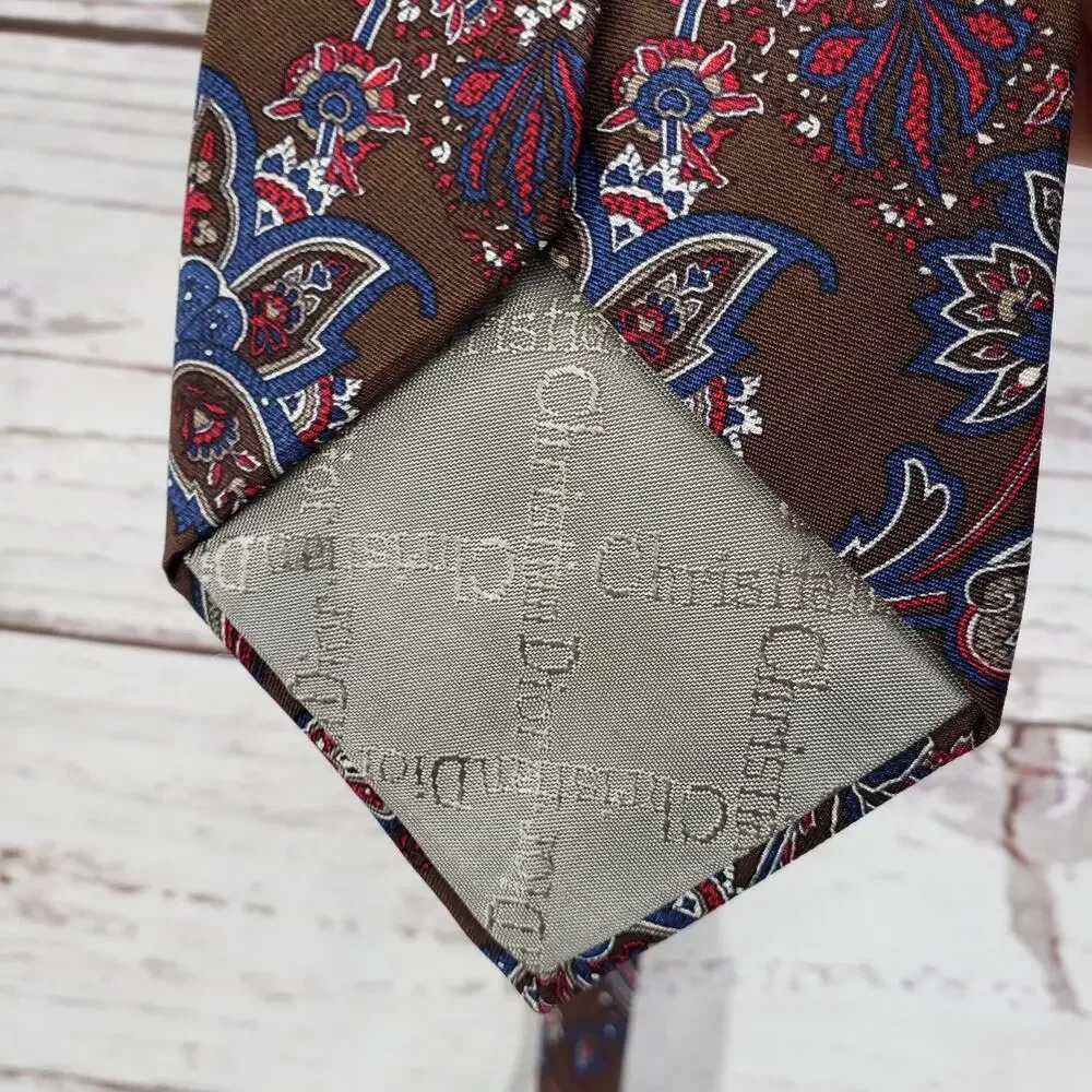 Christian Dior Men's All Silk Brown Blue Paisley Neck Tie